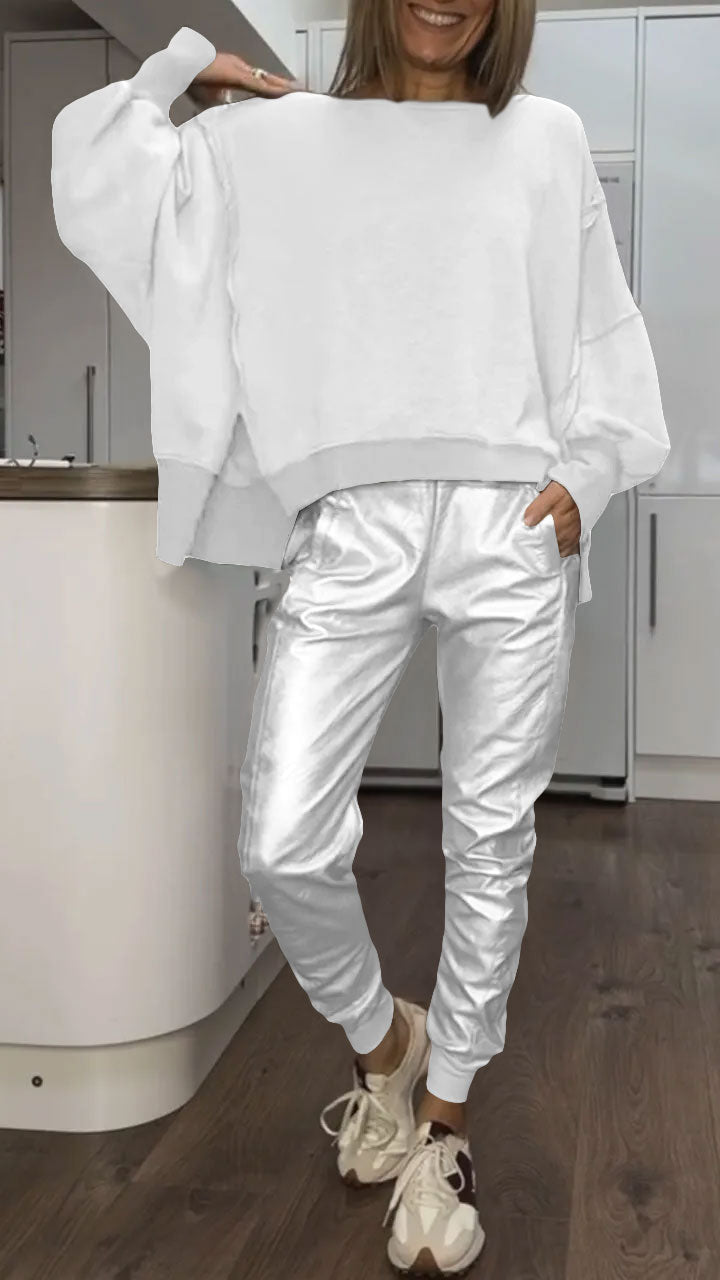 Set Top Casual with Round Neck for Women + Faux Leather Pants