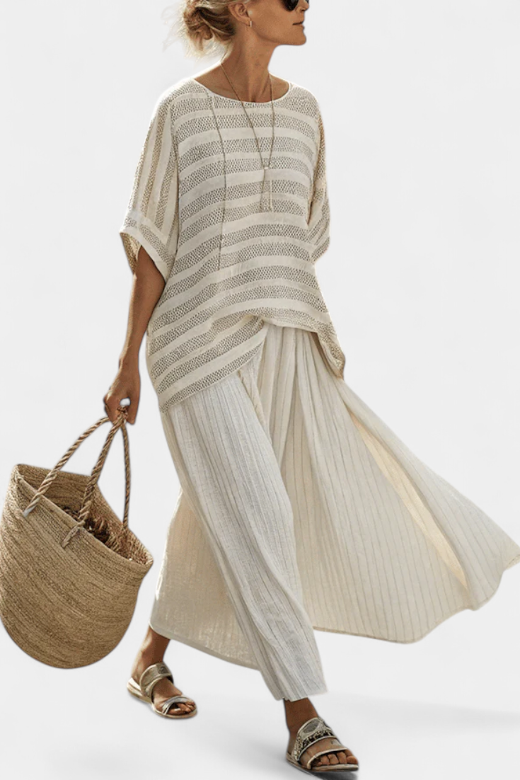Graziella — Top with Stripes Made from Natural Bamboo and Flowing Linen Trousers