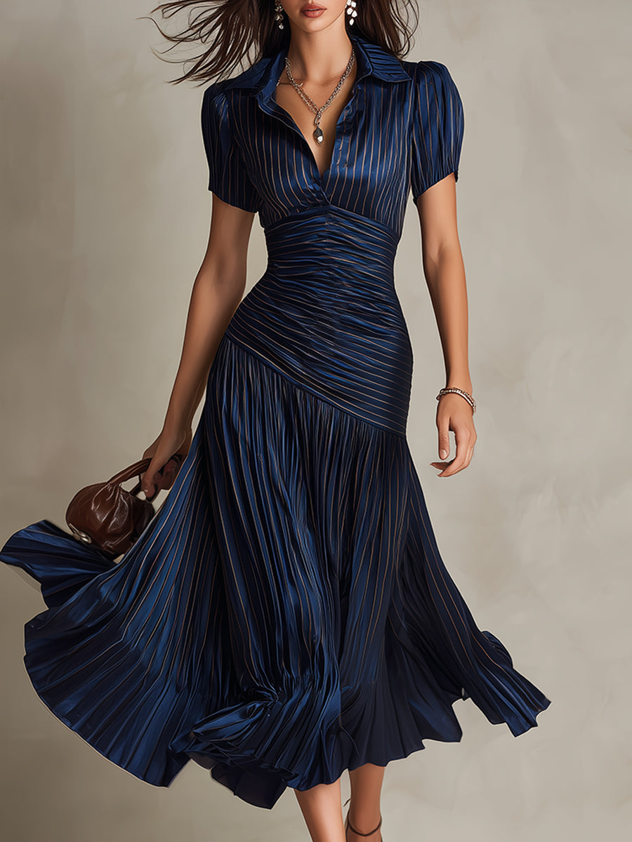 Adriana - Retro Stripe Satin Midi Dress for Women