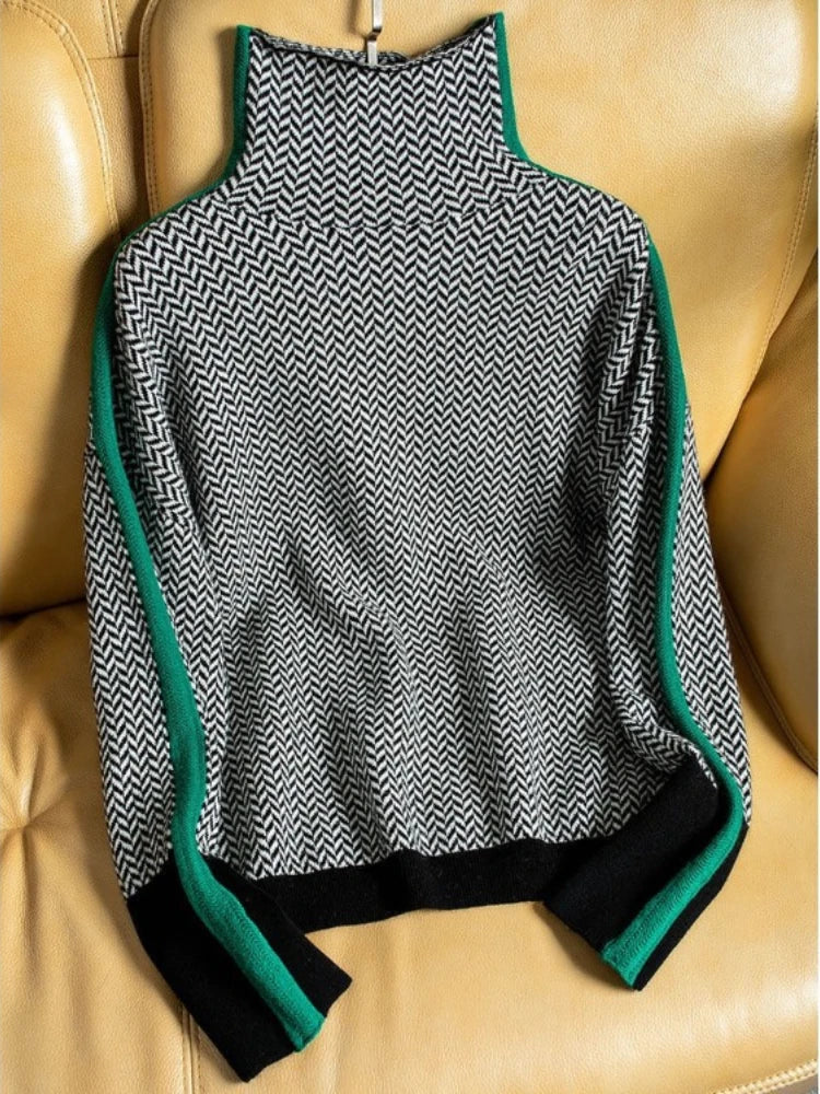 JANELLE – HERRINGBONE HIGH-NECK SWEATER