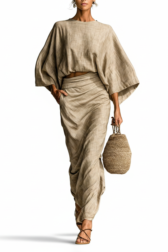 Elegant Linen Set with Long Skirt