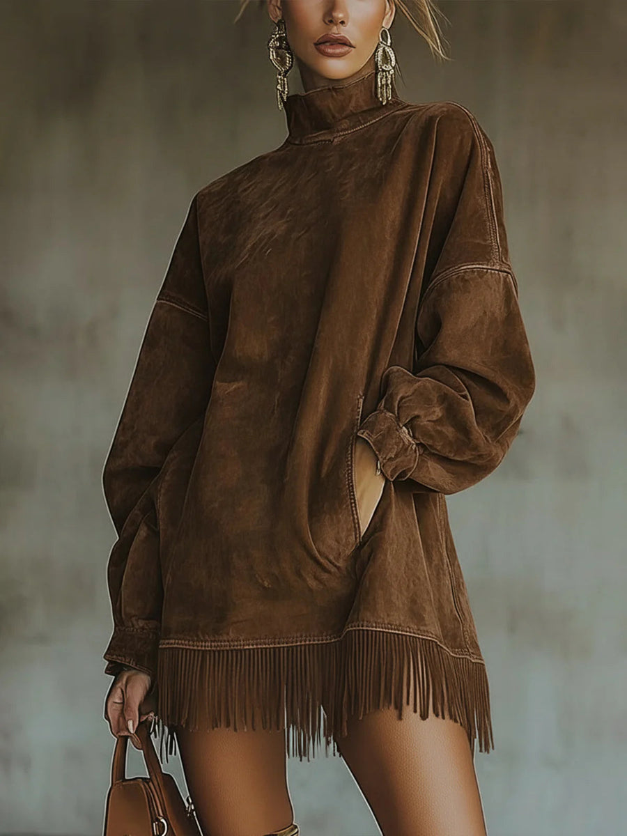 Women's Solid Suede Fringe Dress