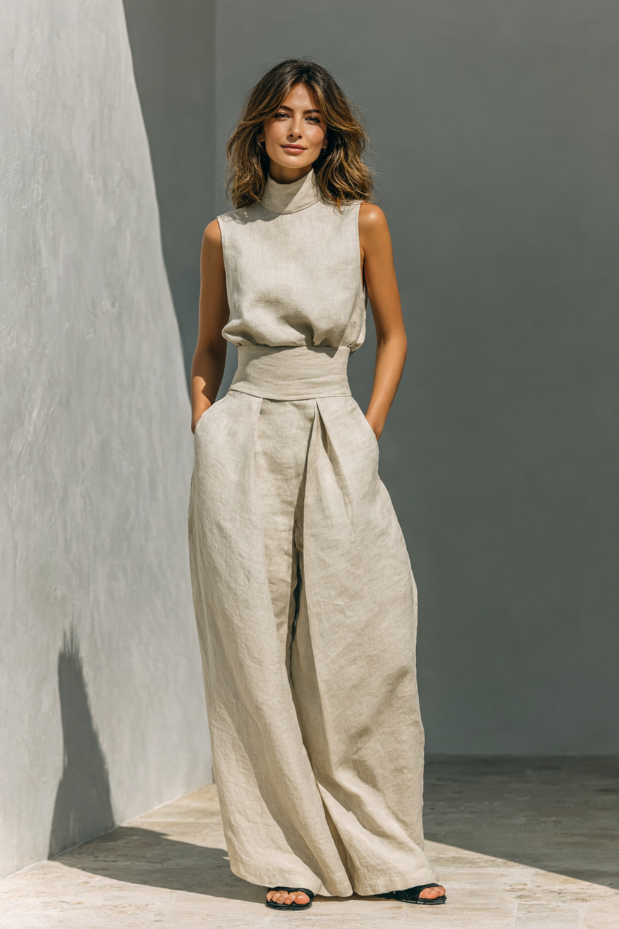 Maria - Complete set with tank top and wide-leg cotton and linen minimalist pants for women