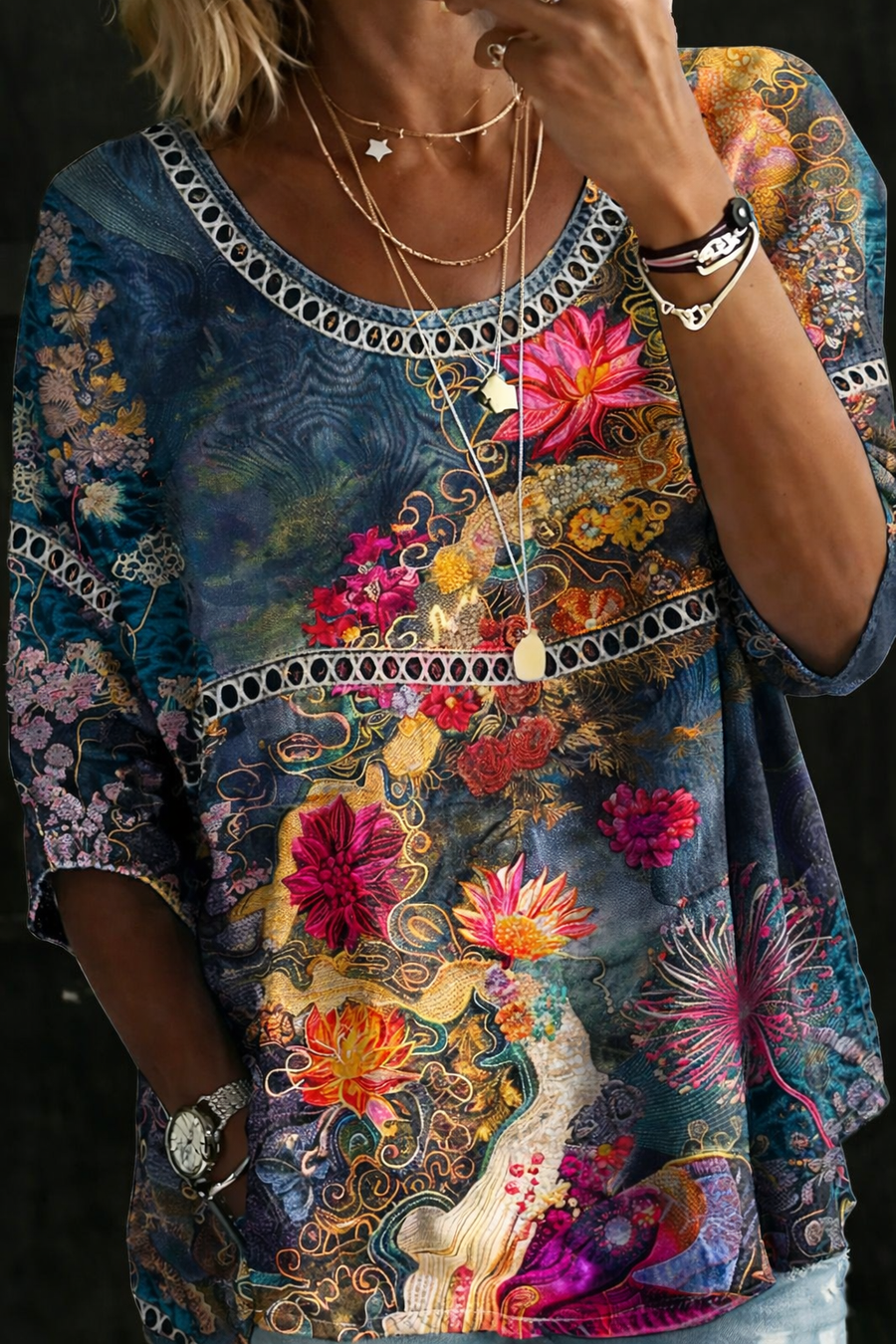 Nicole | Vintage Floral Denim Blouse