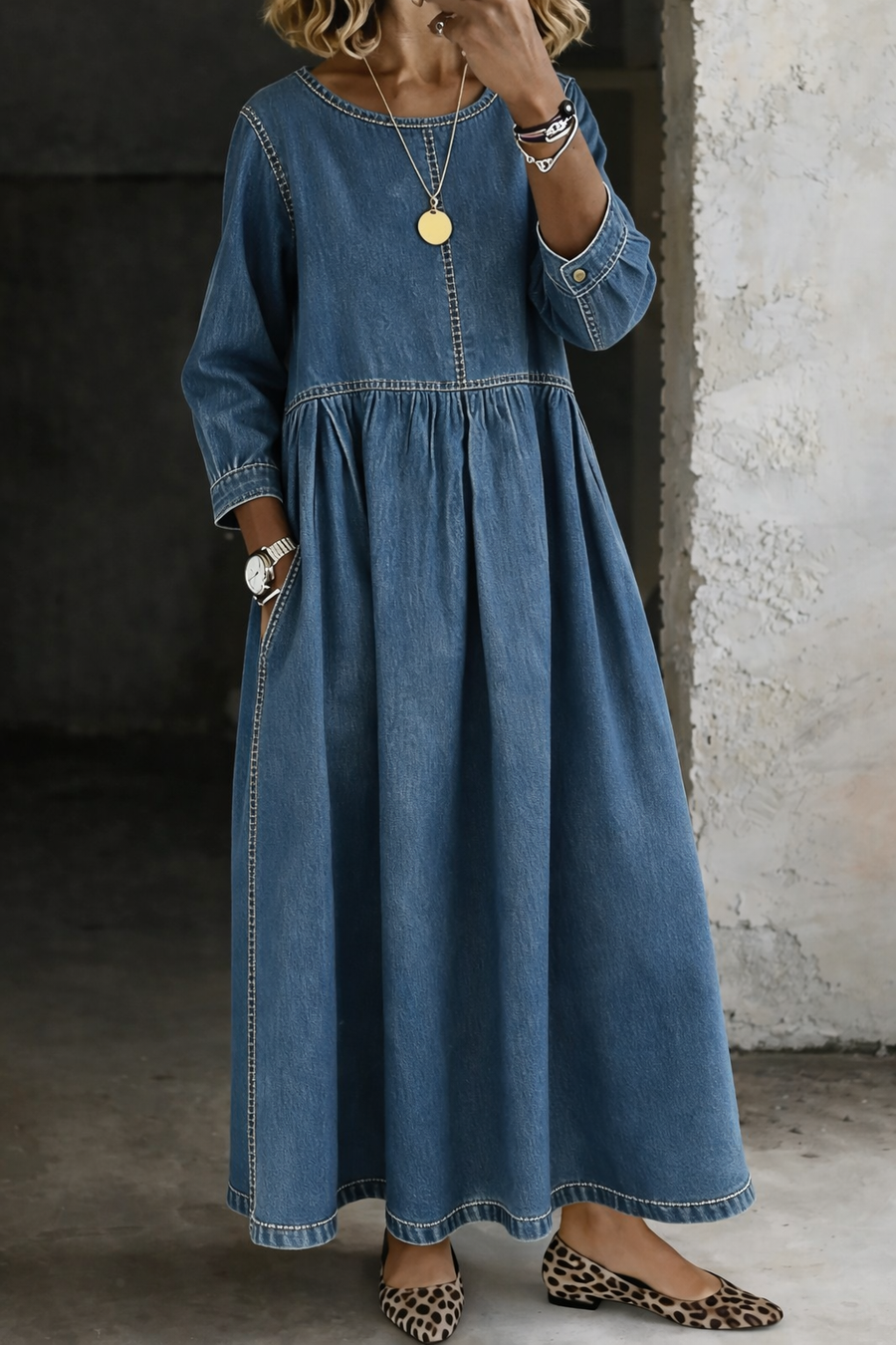 Melissa | Round Neck Long Sleeve Denim Dress
