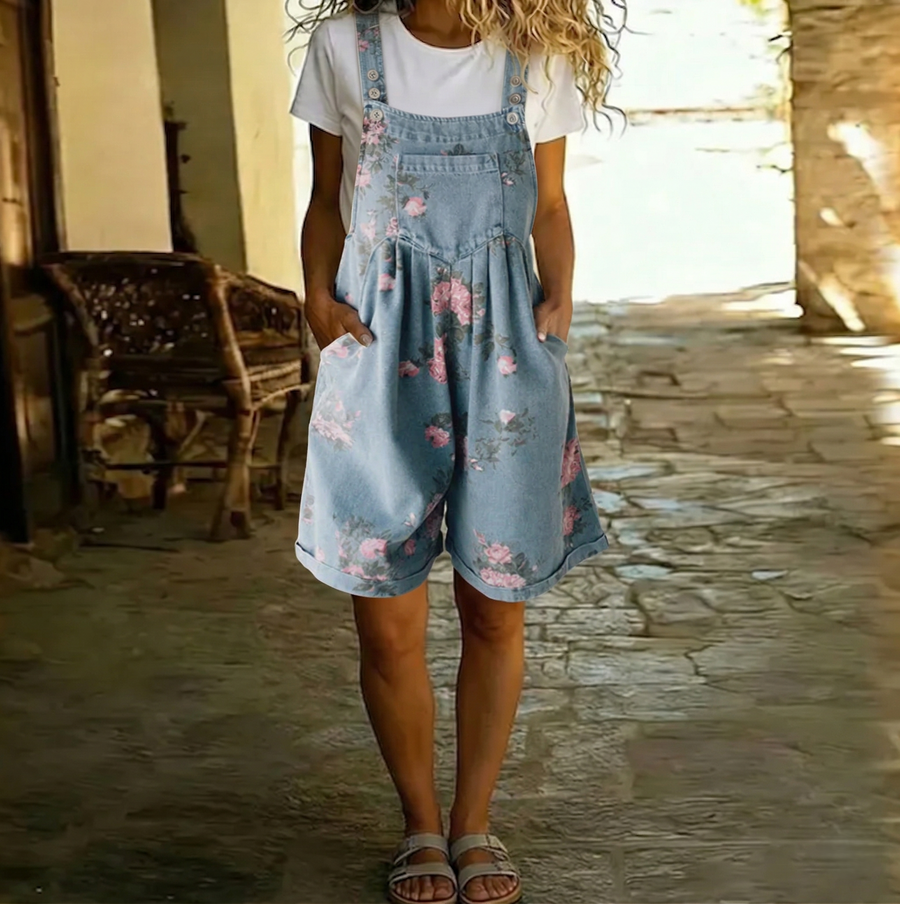 Judy | Vintage Washed Soft Cotton Feel Denim Floral Jumpsuit