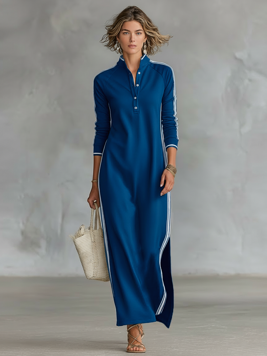 Maxi Sweat Dress for Women with Button-down Collar and White Trim
