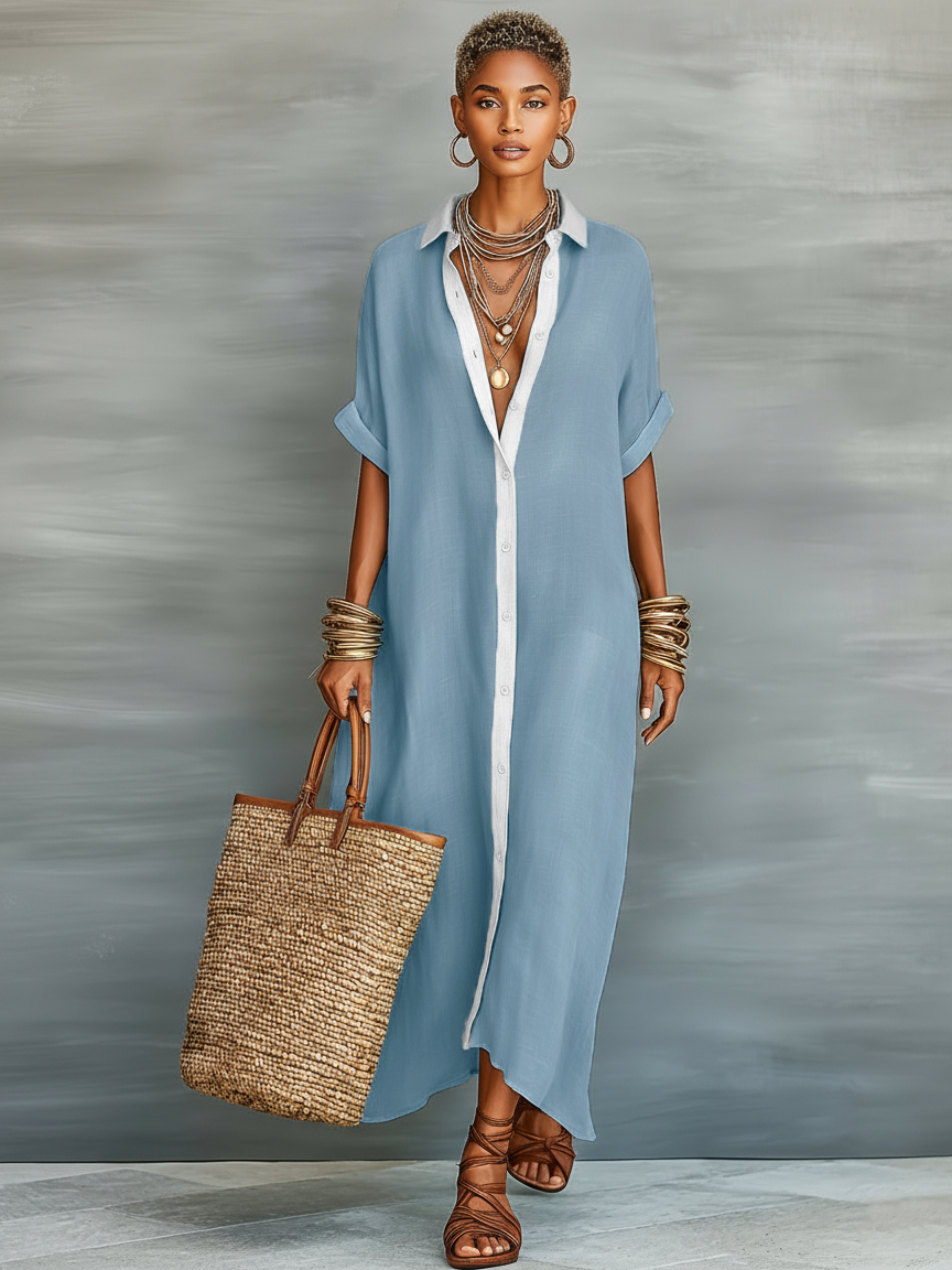 Women's Minimalist Linen Maxi Dress with Short Sleeves