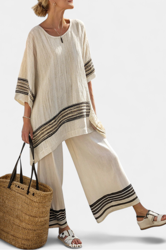 Mariella — Elegant Linen Top with Black Stripes and Flowing Trousers