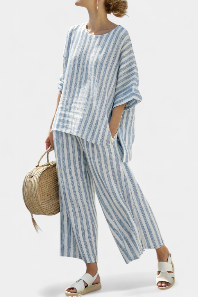 Federica — Sophisticated Linen Top with Blue Stripes and Casual Trousers