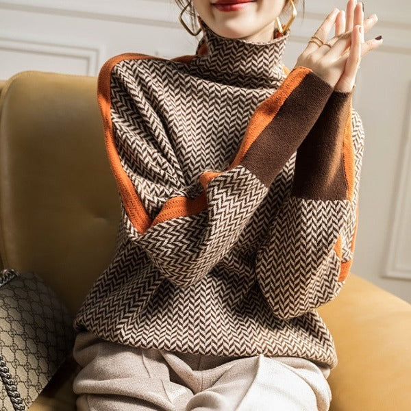 JANELLE – HERRINGBONE HIGH-NECK SWEATER