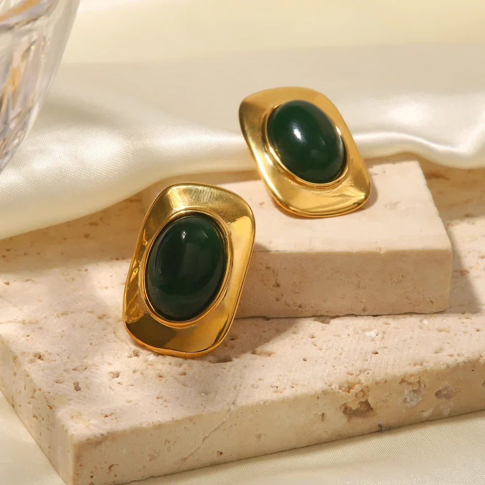 Vintage 18K Gold Plated Green Opal Oval Earrings