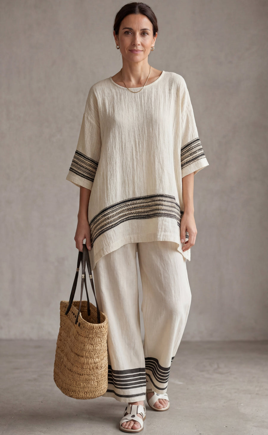 Mariella — Elegant Linen Top with Black Stripes and Flowing Trousers