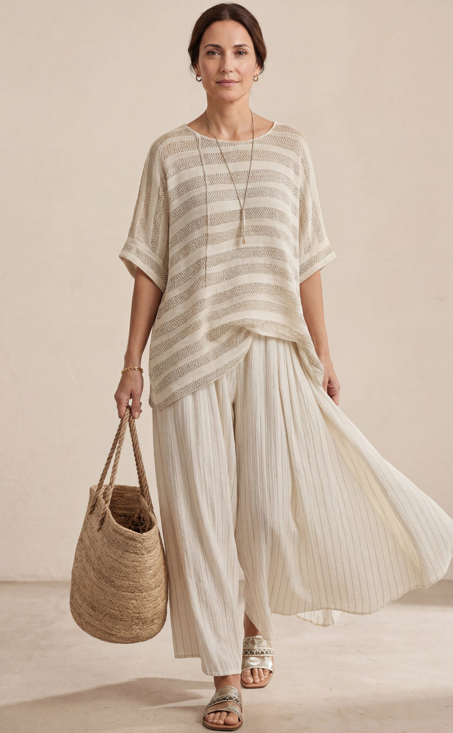 Graziella — Top with Stripes Made from Natural Bamboo and Flowing Linen Trousers