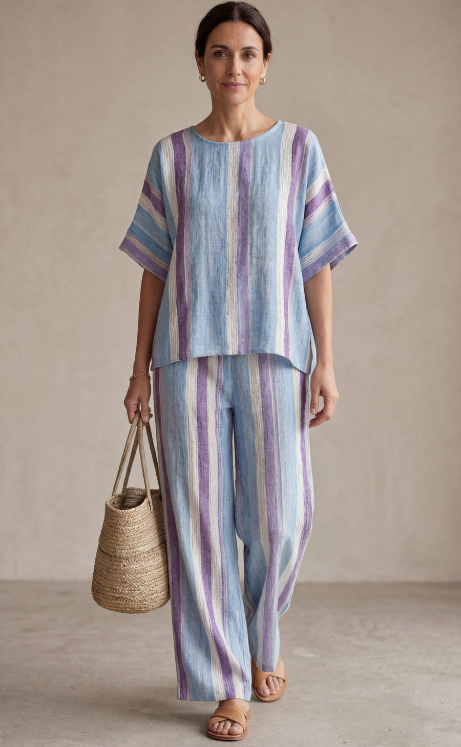 Ginevra — Elegant top in pastel mauve and striped linen trousers