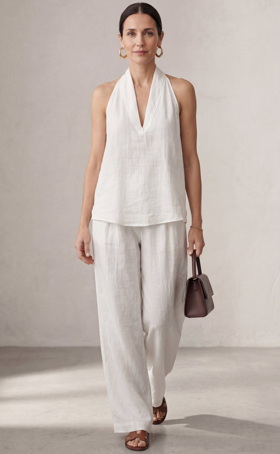 Linen Suit with V-Neck and Flowing Trousers