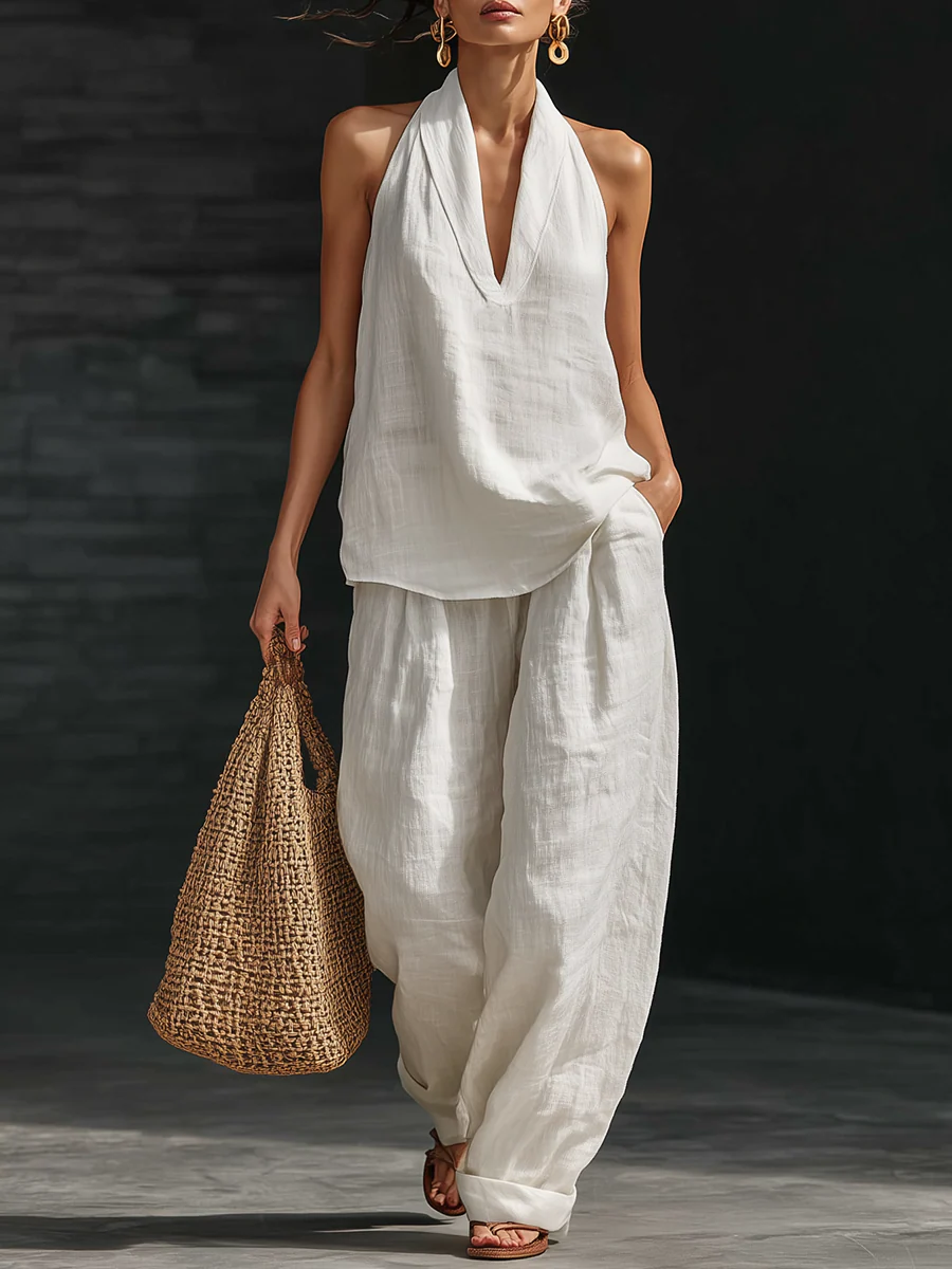 Linen Suit with V-Neck and Flowing Trousers