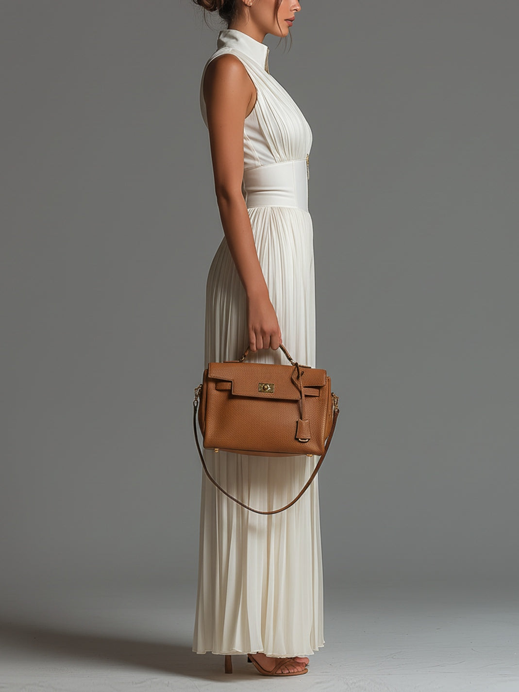 White sleeveless V-neck jumpsuit, zipper, pleated, wide chiffon legs