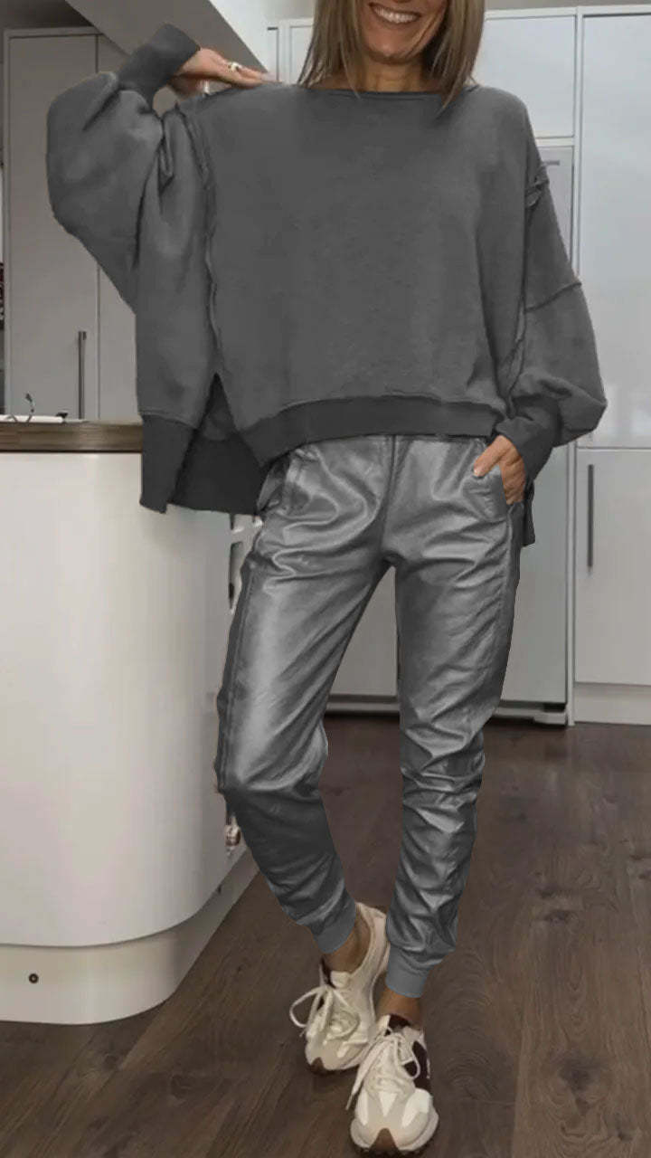 Set Top Casual with Round Neck for Women + Faux Leather Pants