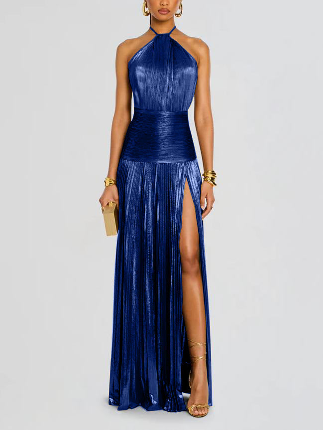 Maricel - Metallic Plissé Halter Gown