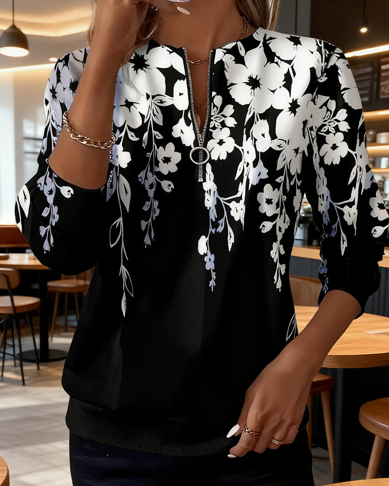 Printed Sweatshirt with Half Zipper and Collar