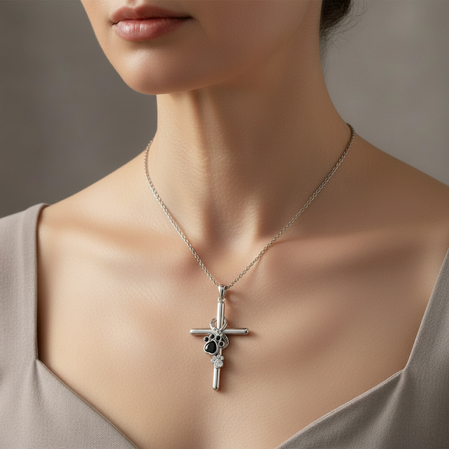 925 Sterling Silver Paw & Cross Necklace