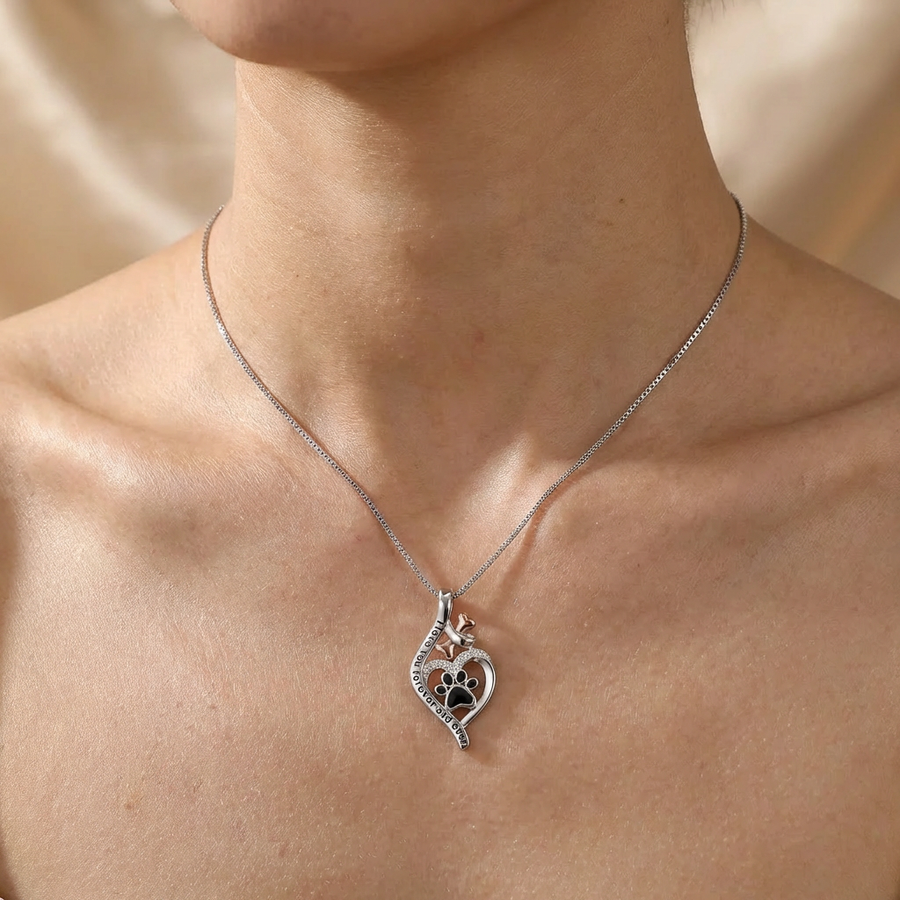 Lucky Paw Necklace with Heart, Bone & Infinity – “Always in My Heart” Pendant