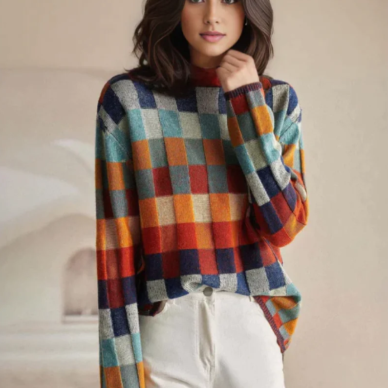 Chic Wool Knit Plaid Turtleneck Sweater
