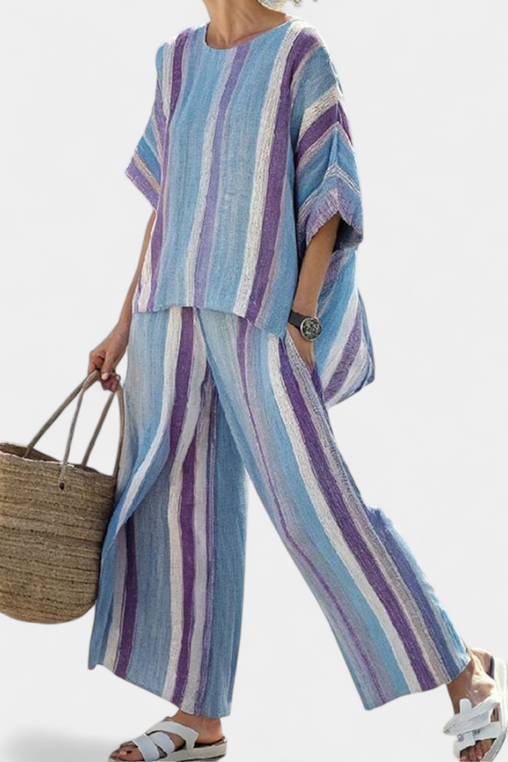 Ginevra — Elegant top in pastel mauve and striped linen trousers