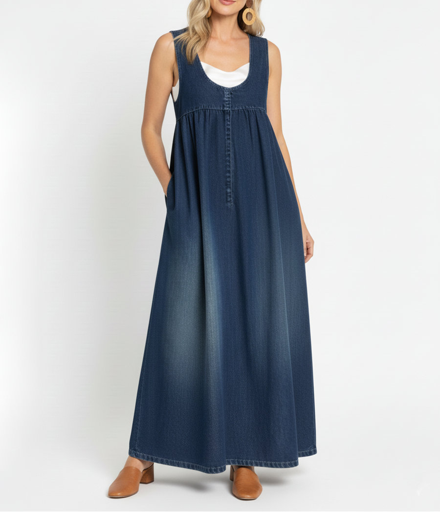 Karen | Vintage Washed Soft Cotton Feel Denim Maxi Dress