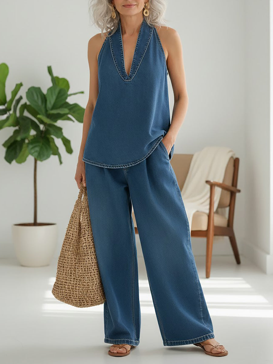 Ivy | Vintage Washed Soft Denim-Look Two-Piece Set