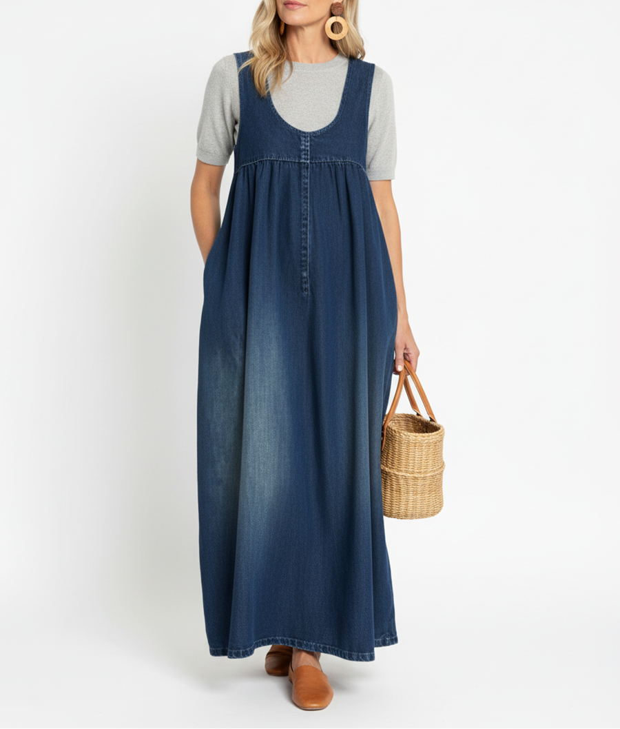 Karen | Vintage Washed Soft Cotton Feel Denim Maxi Dress