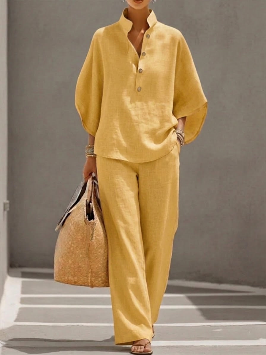 Mariel | Two-Piece Linen Effect Set with Batwing Sleeves and Flowing Trousers